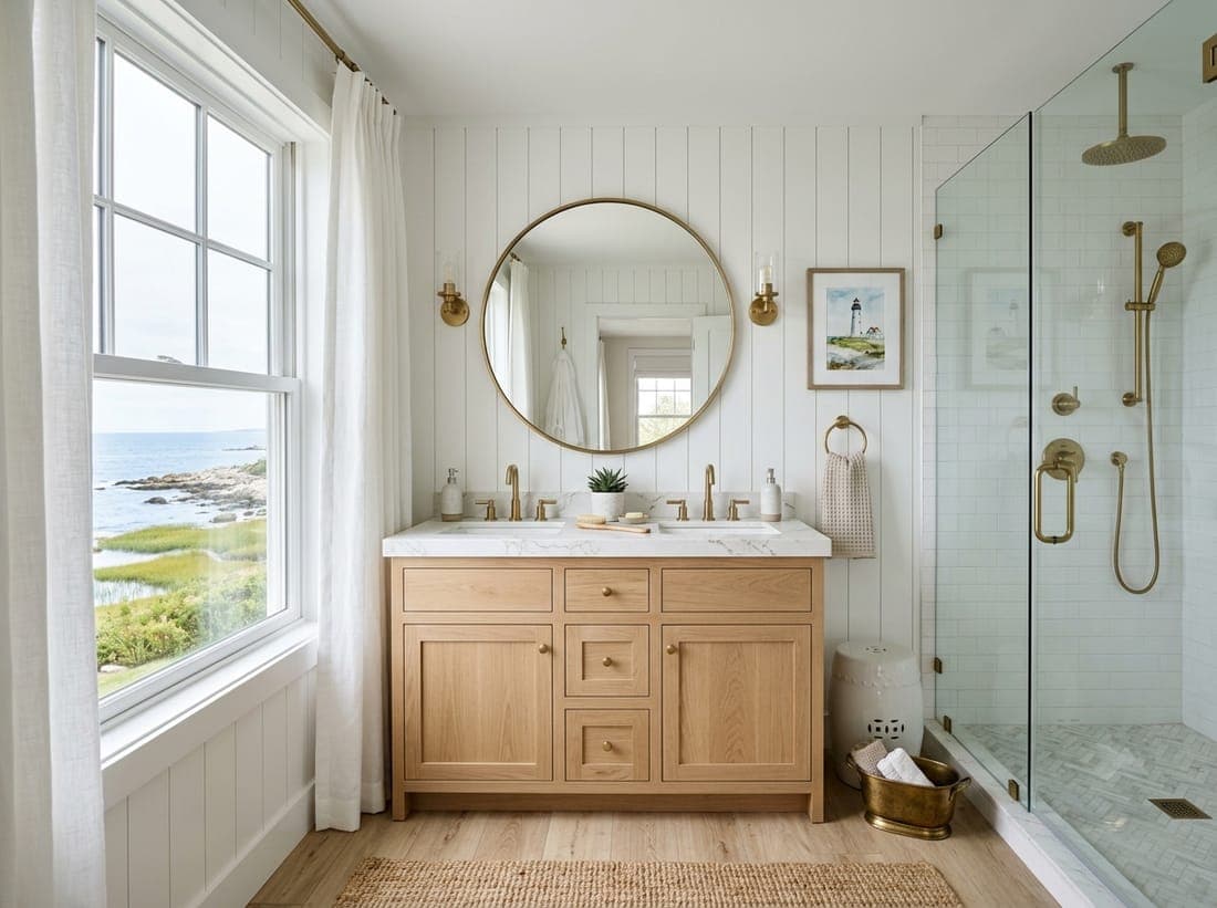 Coastal Transitional Bath — bathroom remodel by Omega Development