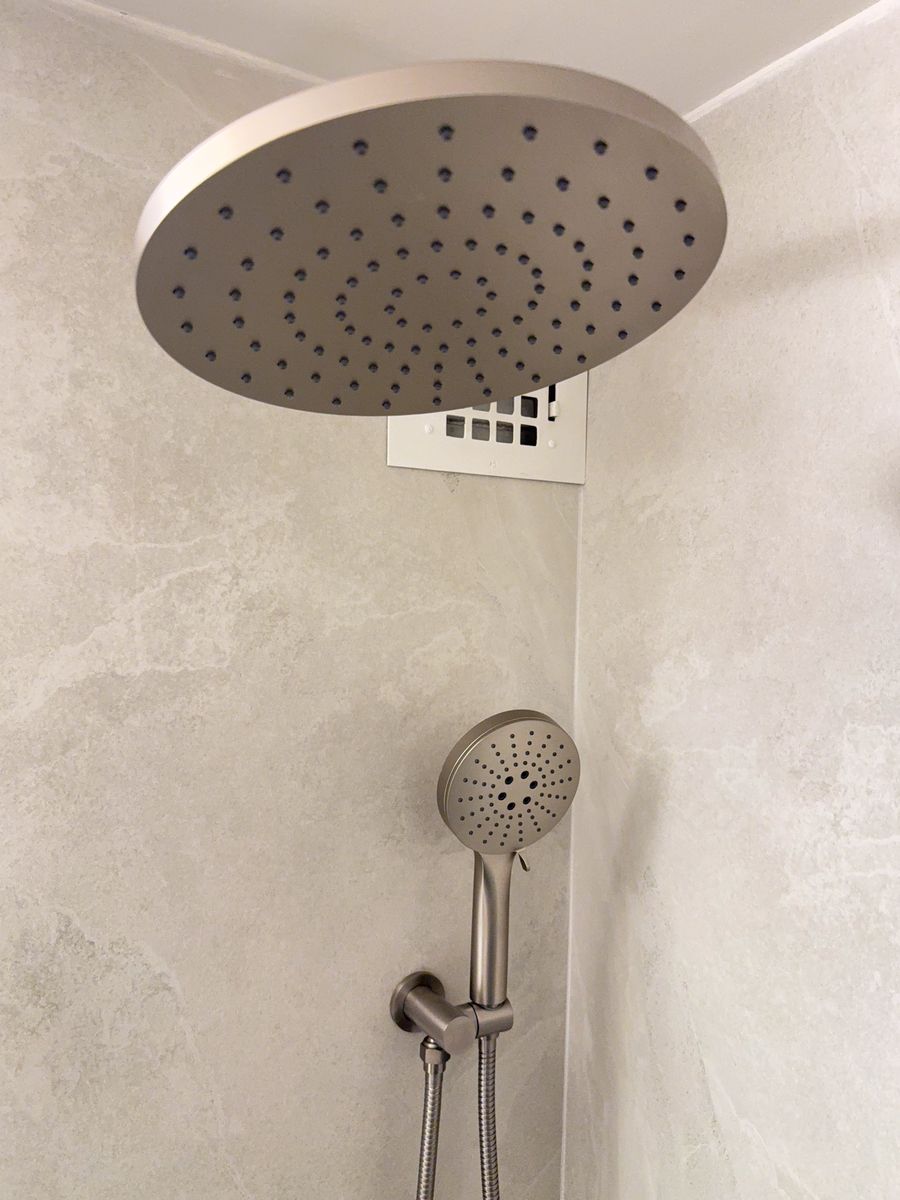 Rain showerhead and handheld shower in brushed nickel